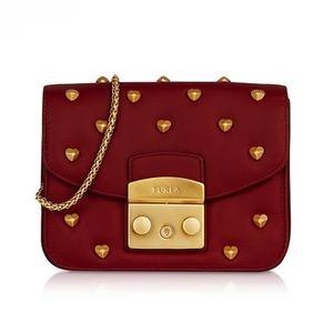 Furla Red Crossbody Bag with Gold Studs and Chain